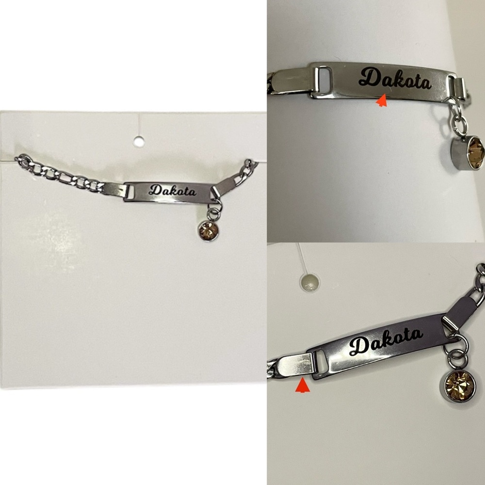 “Dakota” Baby/ Kid’s Silver Metal Name Bracelet with Orange Rhinestone Charm